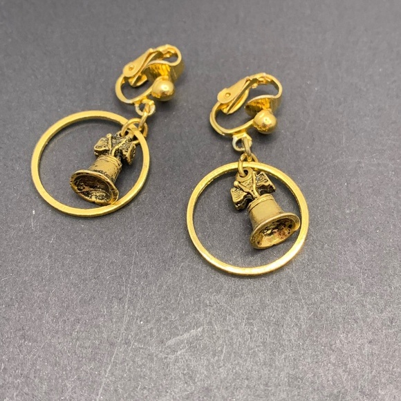 Lot of Three Vintage Gold Tone Dangle Clip On Earrings Liberty Bell - Picture 2 of 3